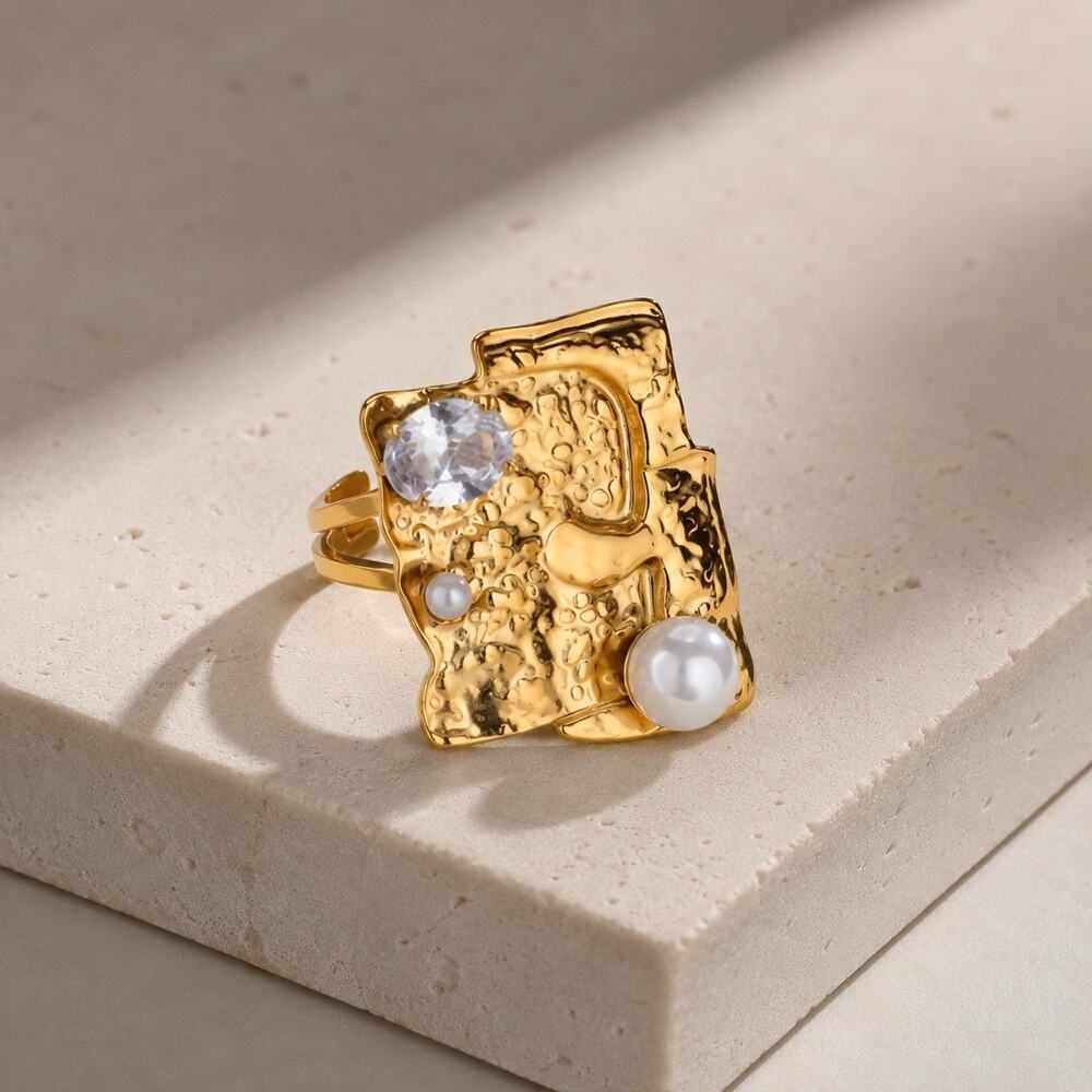 Art Deco Gold Pearl Crystal Ring Abstract Sz 7 8 Molten Hammered Museum Art